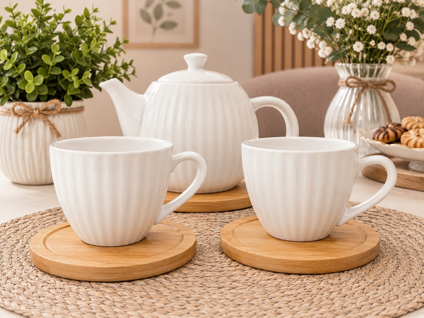 SET ŠALICA 2/1 200cc bijele s Bamboo tanjirićima ZB220L-2 Previllage 24# K50