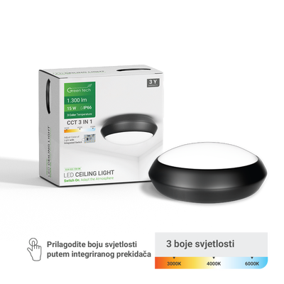LED plafonjera Green Tech 15W, 3000K - 4000K - 6000K, promjer 30cm, IP66, crna