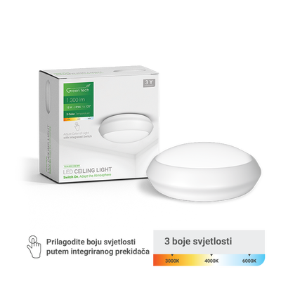 LED plafonjera Green Tech 15W, 3000K - 4000K - 6000K, promjer 30cm, IP66, bijela
