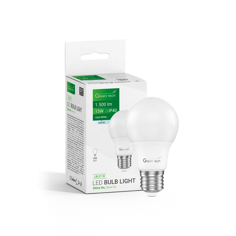 LED žarulja Green Tech 15W, 6000K, E27, A60, Flux: 1500 lm, IP40, Epistar chip
